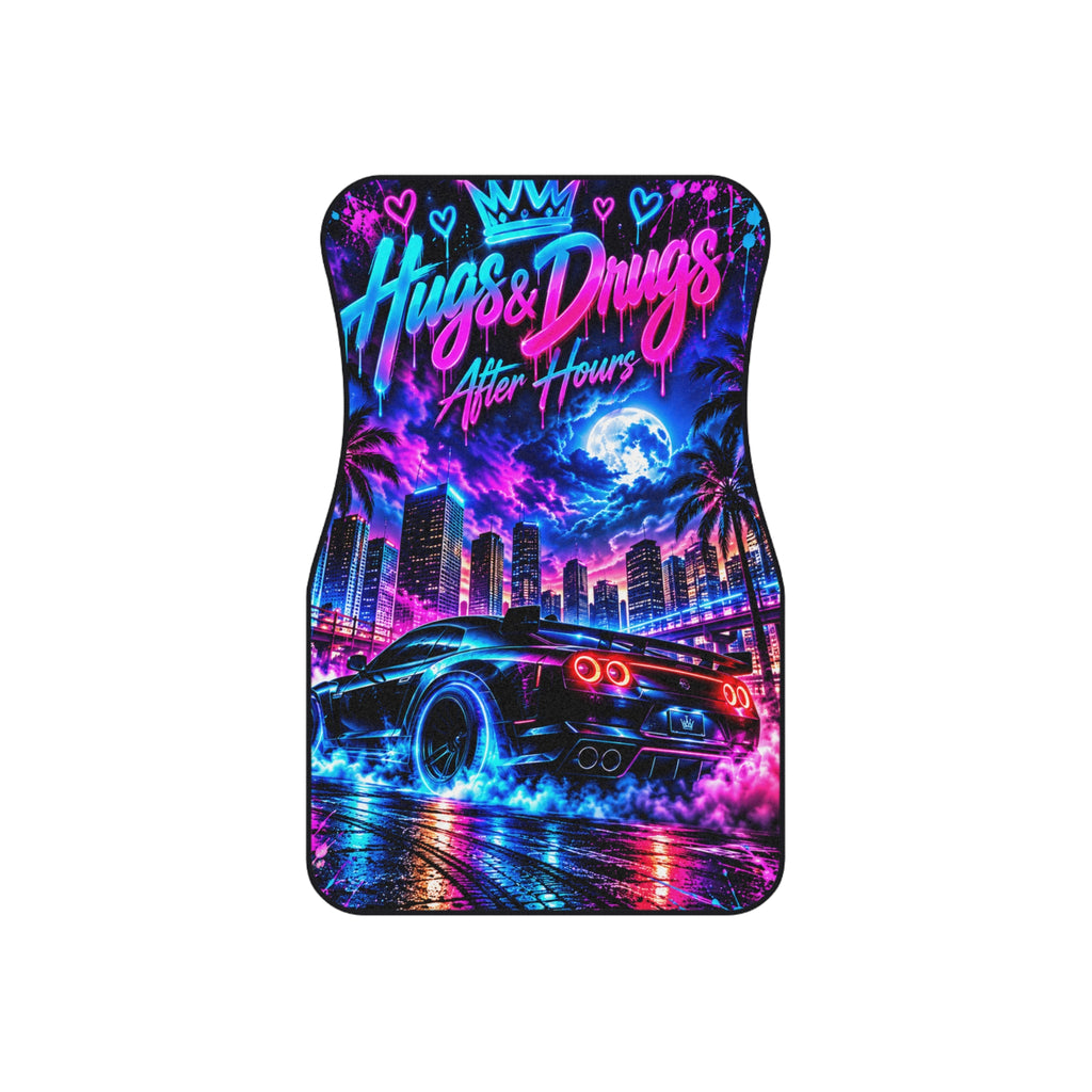 Hugs & Drugs After Hours Car Floor Mats – Neon Sports Car Design | Set of 2 Front)