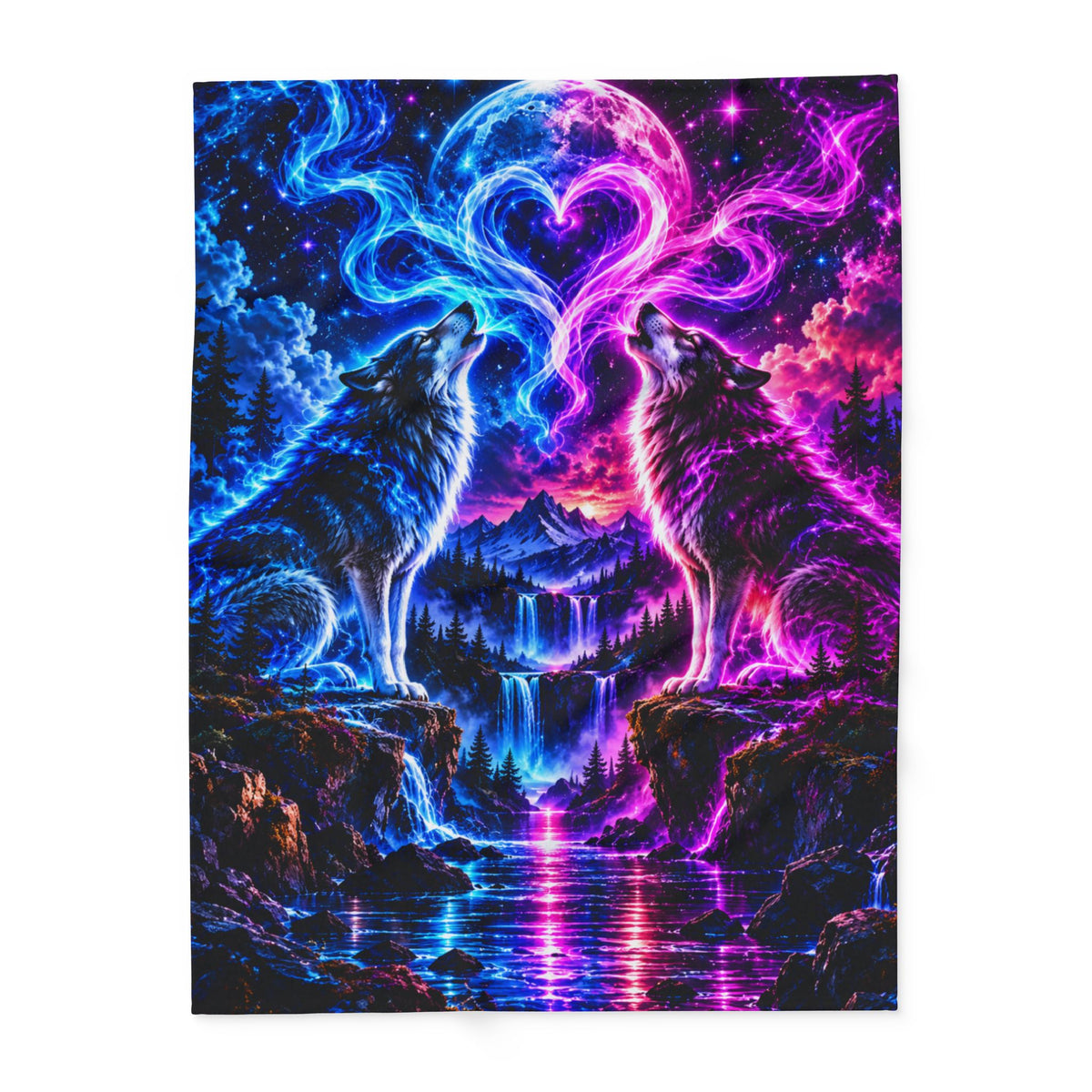 Aurora Wolf Fleece Blanket — Neon Wolves Heart Night Sky Throw
