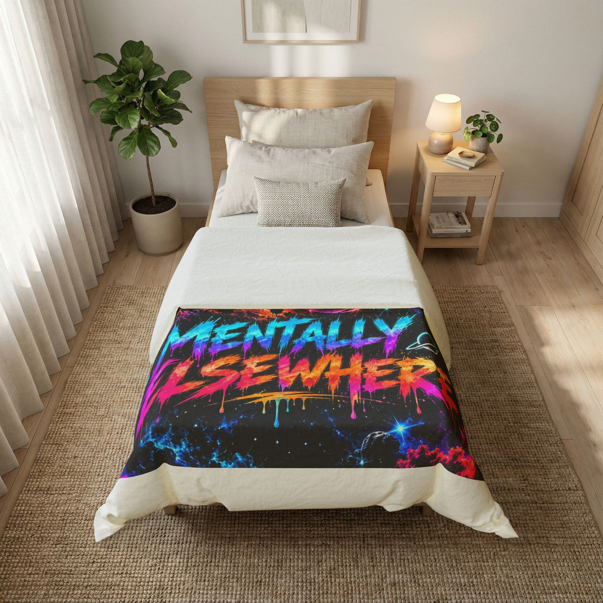 Mentally Elsewhere Cotton Duvet Cover | Neon Galaxy Astronaut Bedding | Space Bedroom Decor