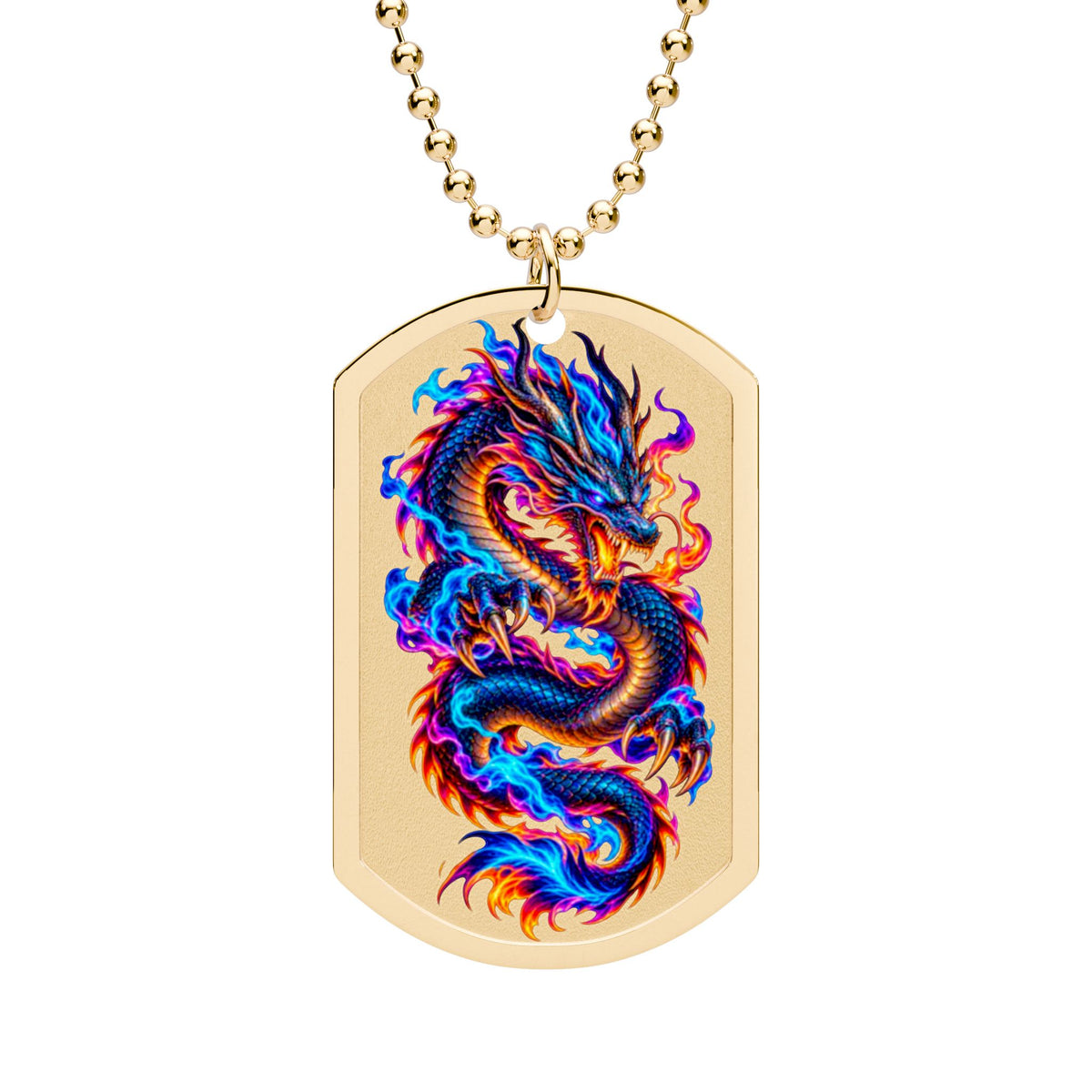 Neon Fire Dragon Dog Tag Necklace | Gothic Stainless Steel Pendant | Fantasy Dragon Jewelry