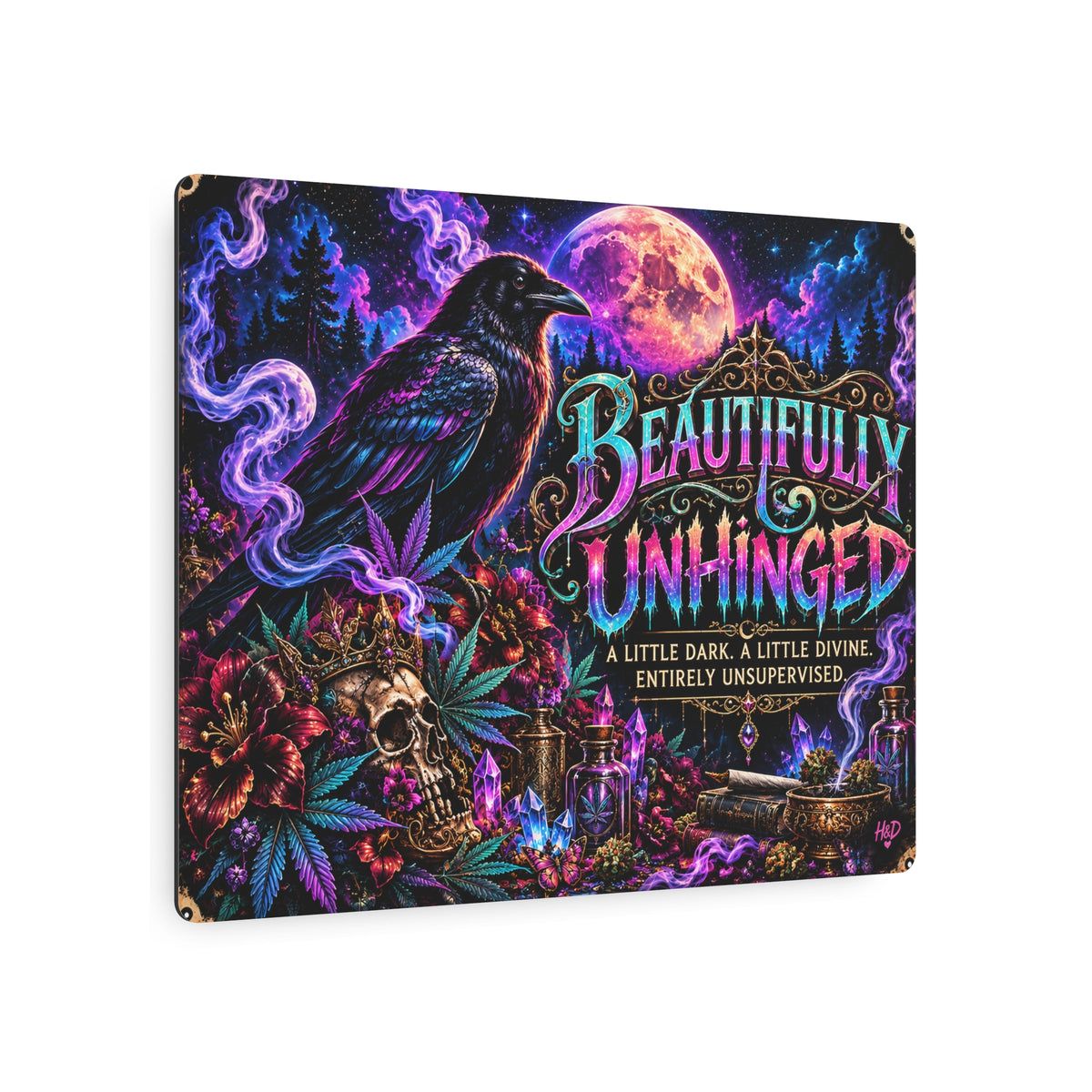 Beautifully Unhinged Gothic Metal Wall Art | Raven & Moon Fantasy Decor | Hugs & Drugs