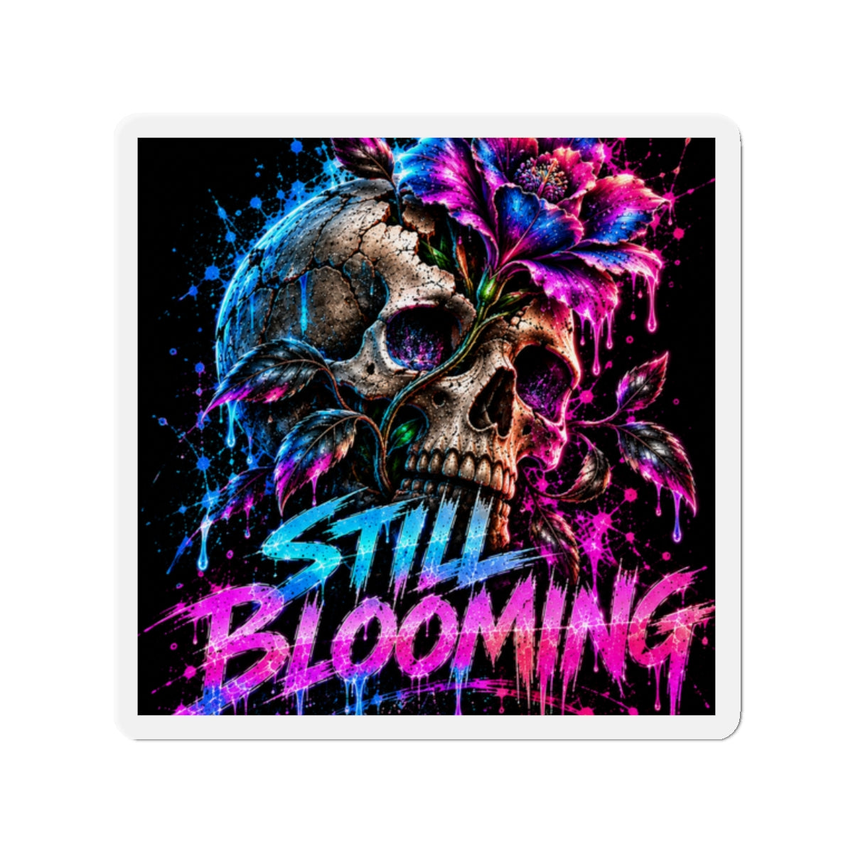 Still Blooming Skull Magnet – Neon Floral Gothic Fridge Magnet | Dark Botanical Art