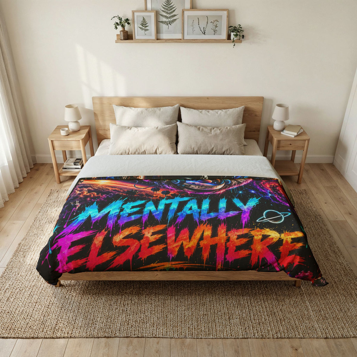 Mentally Elsewhere Cotton Duvet Cover | Neon Galaxy Astronaut Bedding | Space Bedroom Decor