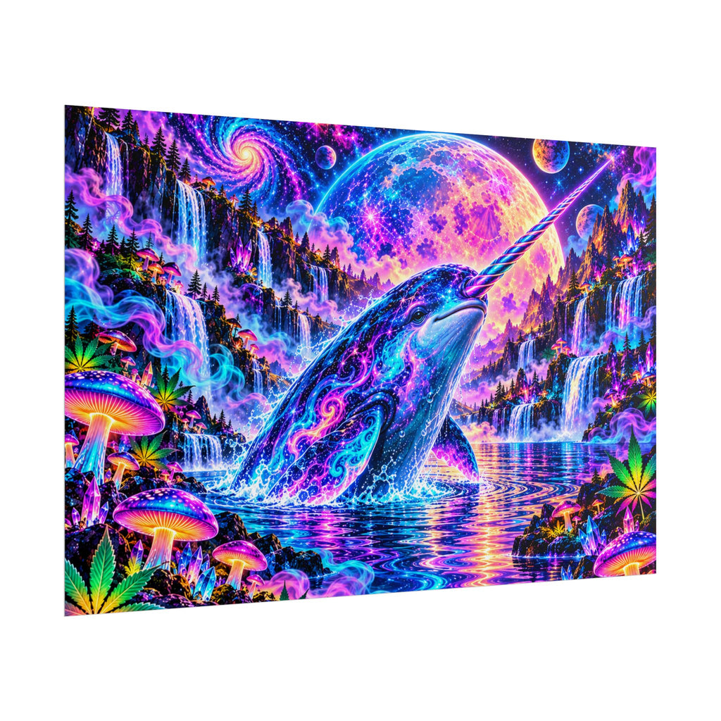 Cosmic Narwhal in Neon Paradise | Psychedelic Mushroom & Cannabis Fantasy Wall Art Poster | Hugs & Drugs