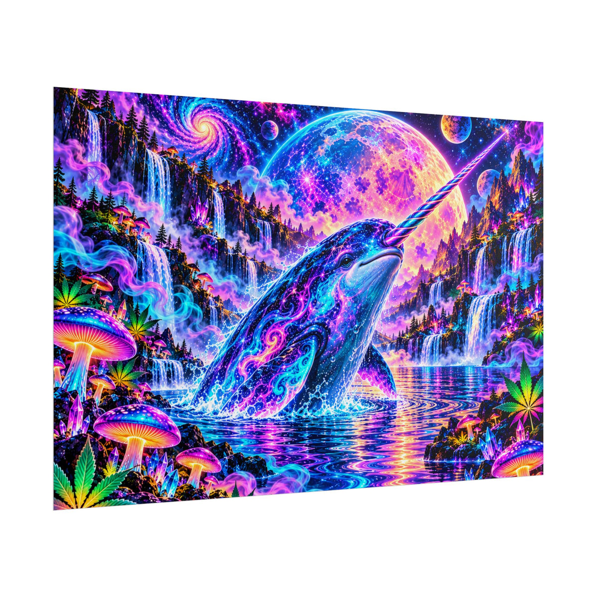 Cosmic Narwhal in Neon Paradise | Psychedelic Mushroom & Cannabis Fantasy Wall Art Poster | Hugs & Drugs