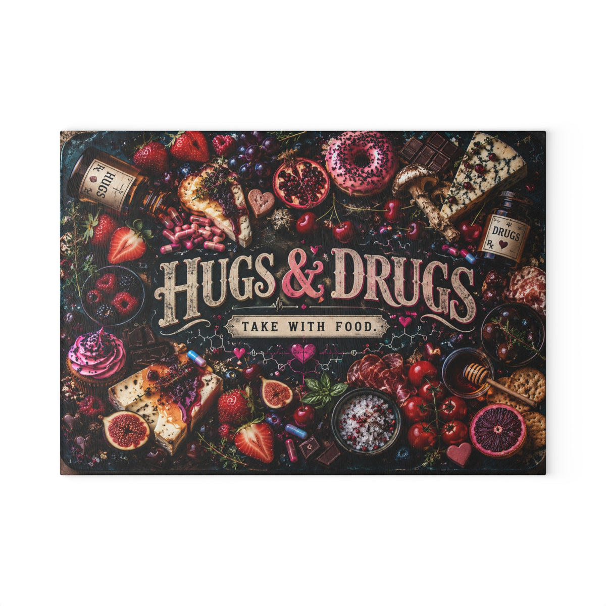 Hugs & Drugs Take With Food Glass Cutting Board | Gothic Botanical Kitchen Decor