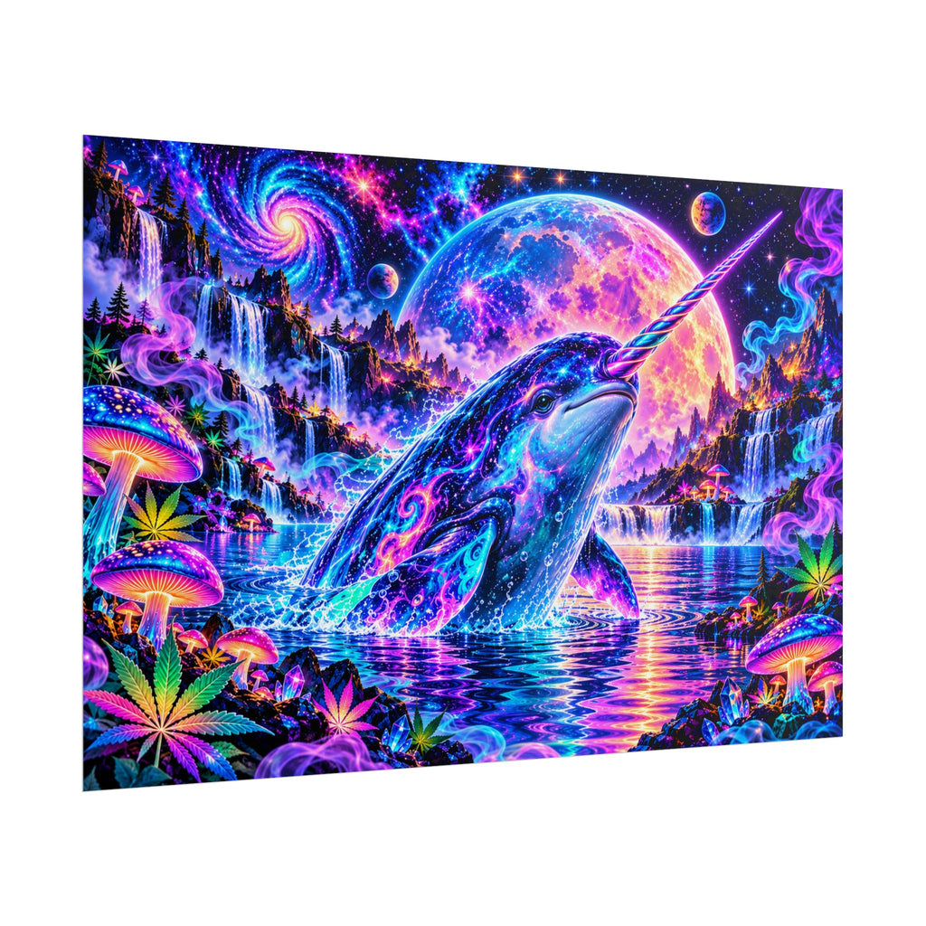 Cosmic Narwhal in Neon Paradise | Psychedelic Mushroom & Cannabis Fantasy Wall Art Poster | Hugs & Drugs