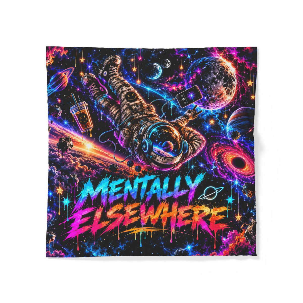 Mentally Elsewhere Cotton Duvet Cover | Neon Galaxy Astronaut Bedding | Space Bedroom Decor